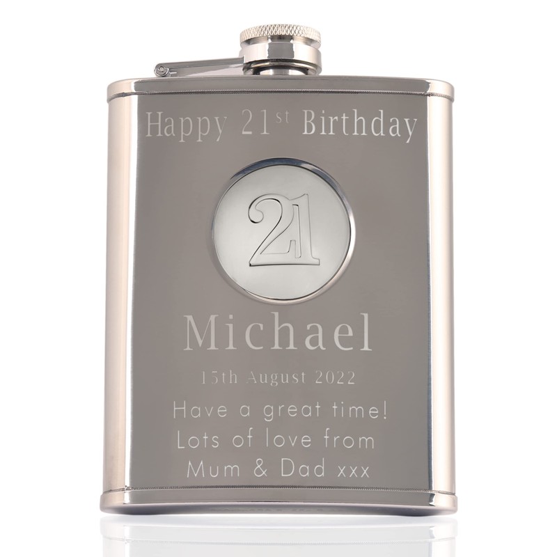 Engraved 21st Birthday 21 Feature Pocket Watch and Hip Flask