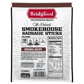 Bridgford Smokehouse Sausage Sticks Original 5 oz Pack of 6 - Gluten free High Protein Smoked Sausage Sticks for a Variety of Dietary Preferences - Ready-to-Eat Sausage Sticks for On-the-Go Snacking