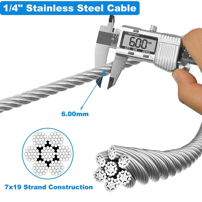 FOLUXING 100Ft Steel Cable, 1/4(6mm) 7x19 Strand Heavy Duty Wire