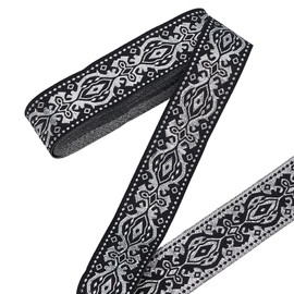 PH PandaHall 15.3 Yards Jacquard Ribbon 1.3 Inch Black Ethnic Jacquard Trim Emobridered Woven Ribbon Boho Fabric Floral Trim Fringe for Sewing Clothes Bag Curtain Decoration Gift Wrapping