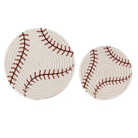 Naanle 2 PCS Baseball Stitches Softball Laces Pattern Round Woven Pot Holders Trivets Set, Pure Cotton Coasters Placemats for Cooking Baking Hot Dish Pan Pot Bowl Teapot