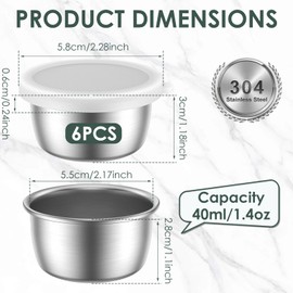 Kuanght 6 Pcs Stainless Steel Condiment Containers with Leakproof Lids, 1.4 oz (40ml) Mini Salad Dressing Cups To Go, Reusable Dipping Sauce Pots for Lunch Boxes, Picnics and Kitchen Prep