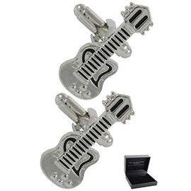 COLLAR AND CUFFS LONDON - Premium Cufflinks with Presentation Gift Box Electric Guitar - Solid Brass - Music Musical Teacher Singer Player Band Instrument - Silver and Black Colours