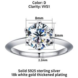 SAMIOVJ Moissanite Rings for Women, D Color Round Solitaire Lab Created Diamond Ring 18K White Gold Plated 925 Sterling Silver 6 Prong Moissanite Engagement Ring