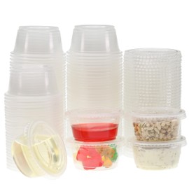 Freshware Plastic Portion Cups with Lids [2 Ounce, 400 Set] Disposable Plastic Cups for Meal Prep, Salad Dressing, Jellos Shot Cups, Souffle Cups, Condiment and Dipping Sauce Cups