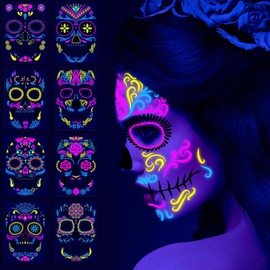 MFCGHXR 10 Count Neon Face Temporary Tattoo,8 Sheet Glow in the Dark UV Neon Face Tattoo Flash Fake Butterflies Waterproof Tattoos Stickers for Festival Makeup Rave Accessories
