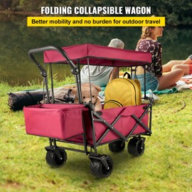 HAPPYBUY Extra Large Collapsible Garden Cart/Wagon with Removable Canopy, 220lbs Capacity Push& Pull Utility Cart with Rear Storage; Upgrad Padded Cotton 600D Oxfort Secure Lock (40IN40IN20IN, Red)
