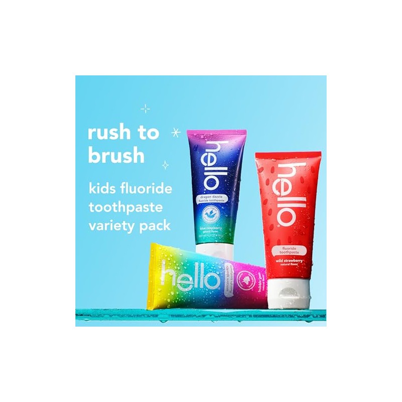 Hello Kids Fluoride Variety Pack, Includes a Strawberry, Unicorn Bubble