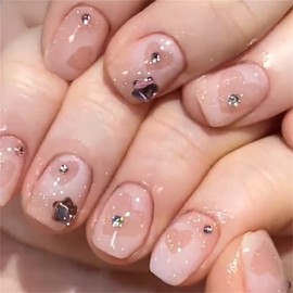 POKENGDA Prsess on Nails-Short Fake Nails Square Press-On Nails,Pink Glitter Nail Designs Rhinestones False Nails Gradients Acrylic Nails Easy-On Nails Nail Art for Women