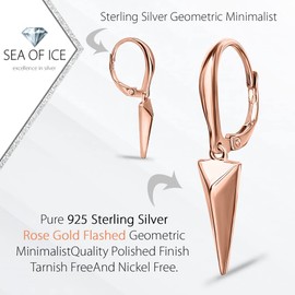 Sterling Silver Geometric Minimalist Triangle Leverback Dangle Drop Earrings for Women Mens (Rose Gold Flashed Silver)