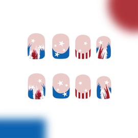 4th of July Press on Nails Square Short Fake Nails with Stars Stripe Glitter Designs Red Blue French Tip Glue on Nails Light Pink Full Cover Acrylic Nails Artificial Stick on Nails for Women 24 Pcs