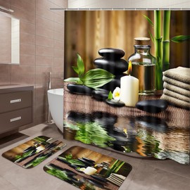 ArtSocket Green Bathroom Sets with Shower Curtain and Rugs and Accessories, Bamboo Stones spa Oil Shower Curtain Sets, Modern Shower Curtains for Bathroom,Zen Bathroom Decor 3 Pcs