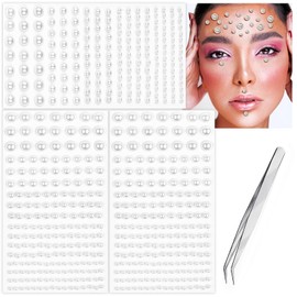 Self Adhesive Face Gems and Pearls for Makeup, Festival Jewels, Hair Gems, Rhinestone Stickers for Face, Eye, Makeup, Body 5 Sizes 3/4/5/6/8mm(White)
