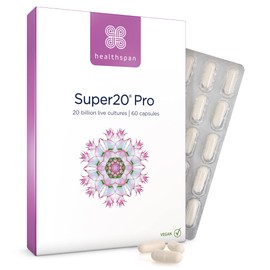 Healthspan Super20 Probiotic (60 Capsules) | Blend of 20 Billion Live Cultures from Five Strains | Promotes Friendly Gut Bacteria for Gut Health | Long Shelf Life and Lactose Free | Vegan