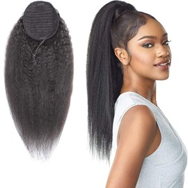 Feelgrace Human Hair Kinky Straight Ponytail Extension Wrap Drawstring Kinky Straight Ponytail Hairpiece Natural 1B 10A Brazilian Ponytail Hair Yaki Straight Ponytail Hairpiece 12 Inch