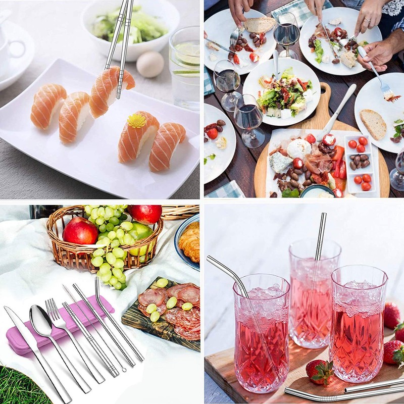 9 Piece Portable Stainless Steel Cutlery Set (Pink)