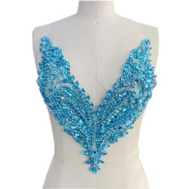 SimBae Pure Handmade Rhinestones Beads Applique sew on Crystal Sequins lace Trim Patches Accessories for Dress Clothing Neckline Shiny Bead Decorative Material 13.7X9.4inches (Sky Blue)