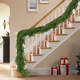 9FT Norfolk Pine Garland with Light, Realistic Christmas Tree Prelit Real Touch Cedar Garland for Mantle Fireplace Outdoor Indoor Decorations