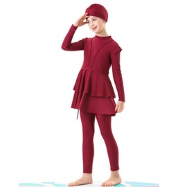 FYMNSI Toddler Baby Girls Swimsuit Modest Muslim Swimwear Islamic Long Sleeve Rash Guard Full Cover Burkini 3 Piece Sets Swim Top + Pants + Cap Kids Sun Protection Bathing Suits for Teens Wine 9-10T