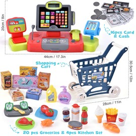 G.C Kids Cash Register Toy Pretend Play with Real Calculator Sound Scanner/Shopping Cart/Food/Play Money, Learning Counter Grocery Store Playset Toys Gift for Kid Boy Girl Age 3 4 5 6 7 8 Years Old