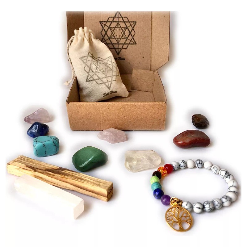 Satnam Kit Cuarzos 7 Chakras, Barra Selenita, Pulsera Y Palo