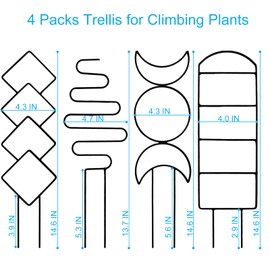 4 Packs Trellis for Climbing Plants Indoor, HENABLE Small Garden Metal Trellis for Potted Plants Outdoor for Vine Ivy Flower Plant Support, 4 Different Black Iron Patterns
