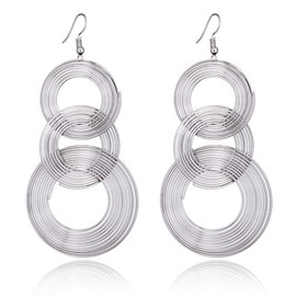 Women Gold Plated Long 70s Disco Earrings hoop round 3 circles Multi-layer drop big alloy geometric party wear Earring (disco earrings Silver)