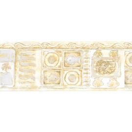 Dundee Deco BD6096 Prepasted Wallpaper Border - Abstract Yellow, Green Seafood Plates Wall Border Retro Design, 15 ft x 5.25 in (4.57m x 13.34cm)