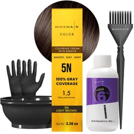 MOEHAIR Hair Coloring Kit | 5N Permanent Hair Color (Light Brown), 20 Volume Developer 6%, Coloring Brush, Gloves & Mixing Bowl | Keratin Infused Color | Gray Coverage | Adds Shines