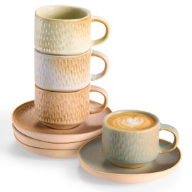 KooK Espresso Mug and Saucer Set, Ceramic Cups and Plates with Rustic Organic Shape and Feathered Texture, 2.7 oz, Set of 4, Neutral Multicolor