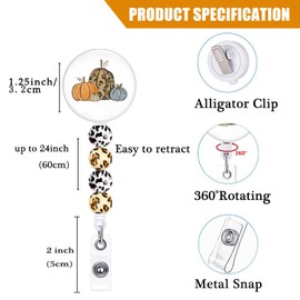 Fall Thanksgiving Badge Reel Retractable ID Clip with Beads Fall Leopard Pumpkin Badge Holder Alligator Clip Holiday Nurse Office Staff Students Name Tag Decoration Badge Clip