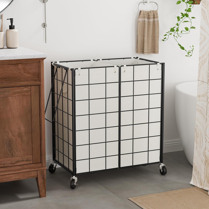 WOWLIVE Double Laundry Hamper with Wheels,Metal Wire Frame Rolling Laundry