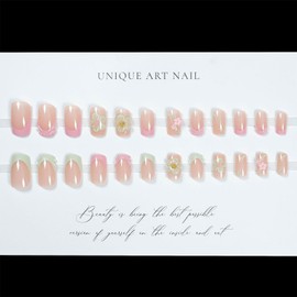 French Tips Press on Nails Flower Fake Nails Short Square Acrylic Nails 3D Flower with Design Glue on Nails Full Cover False Nails Glossy Summer Stick on Nails for Women 24Pcs