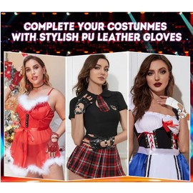 LEACOOLKEY Women Punk Gloves PU Leather Half Finger Rivets Performance Costume Fingerless Gloves for Ladies Teens(Black,Suit Palm Width below 2.95")