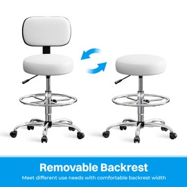 SUPERJARE Drafting Chair with Back, Adjustable Foot Rest Rolling Stool, Multi-Purpose Office Desk Chair, Thick Seat Cushion for Home Bar Kitchen Shop - White