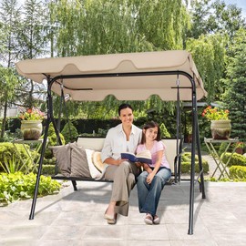 Tangkula 3 Person Patio Swing, Steel Frame with Polyester Angle Adjustable Canopy, All Weather Resistant Swing Bench, Suitable for Patio, Garden, Poolside, Balcony (Brown)