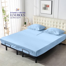 JS Sanders Collection 600TC Flex Top Cal-King Sheets for Sleep Number Bed - 100% Cotton 4 Pcs Top Split Sheets for Adjustable Bed, Cal-King 30 Inch Down Light Blue-18 Inch Deep