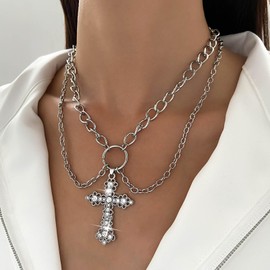 Inateannal Vintage Layered Crystal Cross Necklace Punk Cz Cross Pendant Necklace Silver Circle Choker Necklace Chunky Cuban Chain Necklace Jewelry for Women and Girls
