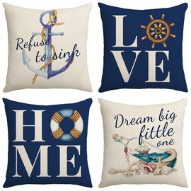 JUMUU Set of 4 Nautical Throw Pillow Cover,18 x 18 Inch Navy Blue Anchor Pillowcases Love Home Cushion Case Decoration for Sofa Couch (Blue Love Home