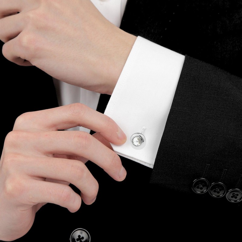 Silver Round Crystal Cuff Tie Clip Set n02995, Brass, No