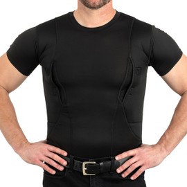CCW Tactical Concealed Carry Holster Shirt | Secure Hook & Loop Pocket with Large Storage | All Season Moisture Wicking Compression Shirt | Mens Crew, Black 3XL