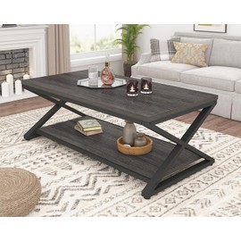 HSH Gray Coffee Table for Living Room, Minimalist Rectangle Center Table with Storage Shelf，Industrial Dark Wood and Metal Cocktail Tea Table, Office Simple 2 Tier Display Coffee Table, 47 Inch