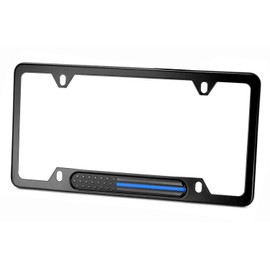 Black Stainless Steel License Plate Frame (Black Flag with Thin Blue Line)