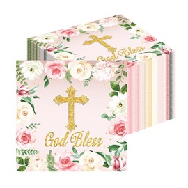100Pcs God Bless Floral Napkins, Pink Flower Disposable Paper Napkins, Baptism & First Holy Communion Party Supplies, Christening Mi Bautizo Baby Shower Religious Decor (Pink)