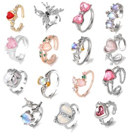 JALCH Y2K-15 Pcs Y2k Rings for Women, Adjustable Open Ring Vintage Punk Grunge Goth Moonstone Star Thorn Heart Cross Bud Bow Ring Set, Irregularly Designed Novelty Jewelry.