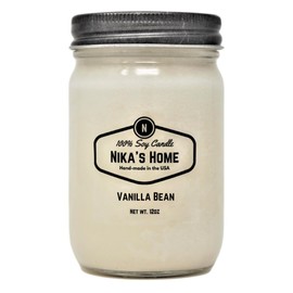 Nika's Home Vanilla Bean Soy Candle - 12oz Mason Jar - Non-Toxic - Hand Poured in The USA, Long Burning 50-60 Hours Highly Scented All Natural, Clean Burning