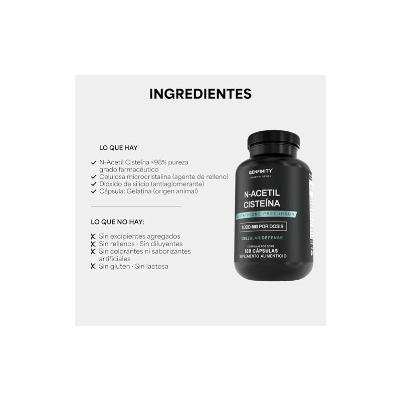 N-Acetil Cisteína (NAC) 1,000 mg por Dosis, 180 Cápsulas, Pureza