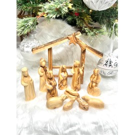Wooden Nativity Set, Rustic top Stable Olive Wood Nativity Set from Bethlehem the Holy Land 13 piece, Nativity Sets for Christmas Indoor, Tabletop Nativity Scene, Modern Nativity Set