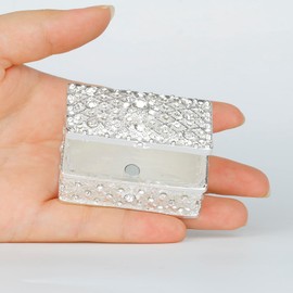 SEVENBEES Silver Round Hollow Jewelry Box with Crystal Rhinestones Small Bejeweled Trinket Boxes Hinged Gifts for Women or Girls