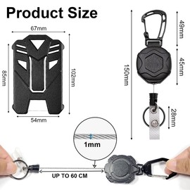 Ruayia Robust ID Card Holder with Adjustable Carabiner Hook, Extendable Rolling Mechanism, Practical Multifunctional Key Ring for ID Cards, Belt Clip and Keys - Black